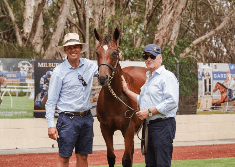 Rob Petith and Steve Grant with Eneeza as a yearling | Image courtesy of Silverdale Farm


